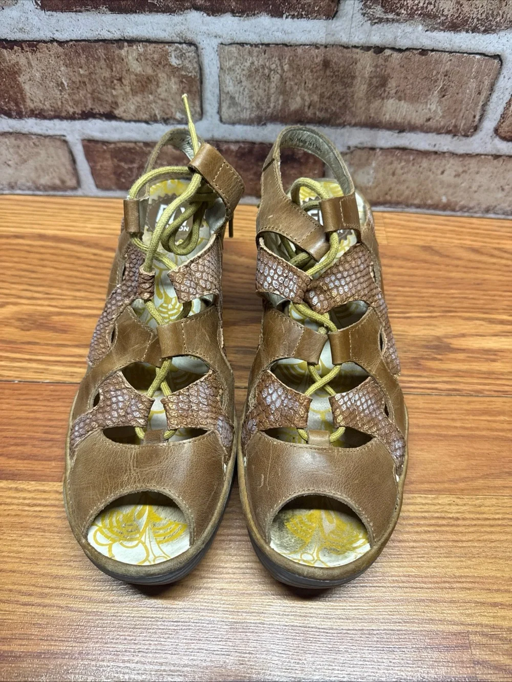 Fly London Yexa Tan Metallic Lace Up Wedge Sandals Size 39 (US 8)